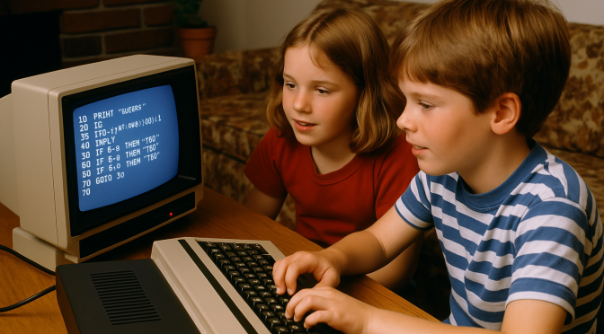 Kids writing code in Microsoft basic on 1980's microcomputer